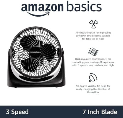 Amazon Basics Air Circulator Fan, Desk Fan for Bedroom, Home and Office, With 90-Degree Tilt Head, 3 Speed Settings, Lightweight (3 LBS), 35 Watts, Black, 11.1"W x 6.3"D x 10.9"H