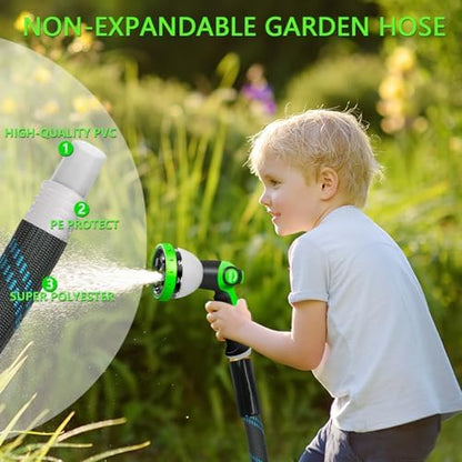 Garden Hose 50FT, NON-EXPANDABLE Heavy-Duty Flexible & Lightweight Water Hose with 10-Function Nozzle, No-Kink, Leak-Proof, Solid Fittings for Car, RV Marine Camper, Outdoor, Yard, Lawn