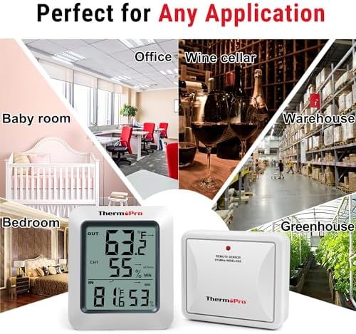 ThermoPro TP60-2 Digital Hygrometer Indoor Outdoor Thermometer Wireless Temperature and Humidity Gauge Monitor Room Thermometer with 500ft/150m Range Humidity Meter