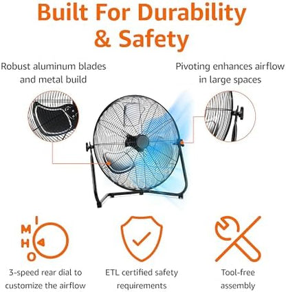 Amazon Basics 20" High Velocity Industrial Fan, Floor Fan, with 3 Speeds, Tilt Head, ETL-Listed Safety Compliance, Metal Housing/Blades, Ideal for Industrial/Commercial Space/Garage/Gym, 125W, Black