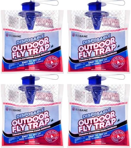 Fly Traps Outdoor Fly Trap for Patio. 4 Non-Toxic Pre-Baited Flies Bags Outdoor Disposable. Hanging Bug Catchers for All Filth Flies Killer for Outside Bug Control in Yard Horse Ranch Trash Can