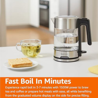 Amazon Basics Electric Kettle with Glass Carafe for Tea and Coffee, BPA-Free, Fast Boiling, Auto Shut-Off, 1 liter , 1500W, Glass and Steel