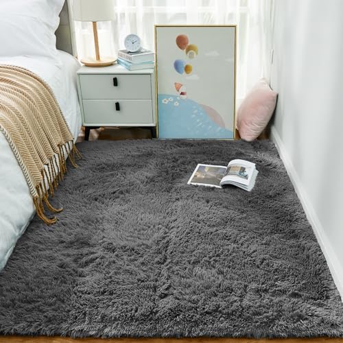 Ophanie Area Rugs for Bedroom, Upgrade Non-Slip Grey Fluffy Soft Shag Carpet, Indoor Floor Gray 4x6 Fuzzy Shaggy Living Room Plush Rug for Kids Home Dorm Decor Aesthetic