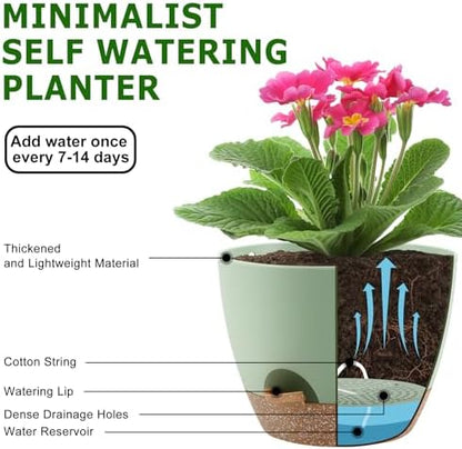 Plant Pots 10/9/8/7.5/7 Inch Self Watering Pots, Set of 5 Plastic Planters with Drainage Holes and Saucers,Plastic Flower Pots,Nursery Planting Pot for Indoor Out Door Plants（Green）