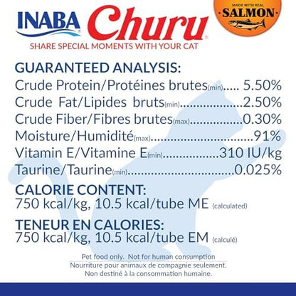 INABA Salmon Churu Cat Treats, Lickable, Squeezable Creamy Purée Cat Treat with Green Tea Extract & Taurine, 0.5 Ounces Each Tube, 20 Tubes, Salmon & Tuna Variety Box