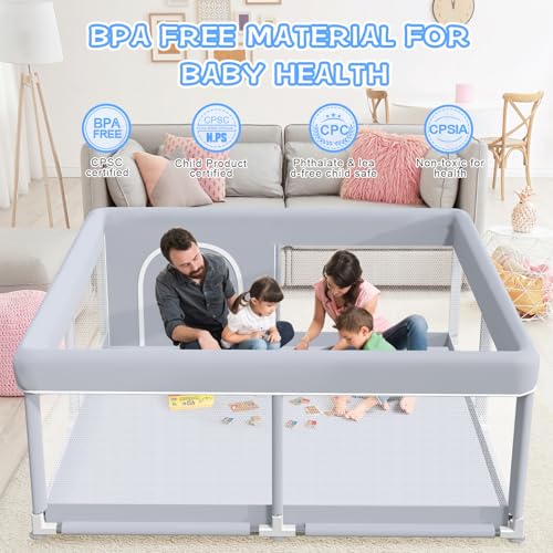 Baby Playpen 50 x 50 Inch Play Pen Playards, Playpen for Babies and Toddlers, Baby Playard for Indoor & Outdoor Active Center Game Fence, with Skin-Friendly Fabric and Soft Breathable Mesh Grey