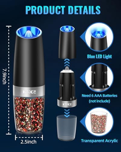 Sweet Alice Gravity Electric Pepper and Salt Grinder Set, Adjustable Coarseness, Battery Powered with LED Light, One Hand Automatic Operation, Stainless Steel Black, 2 Pack