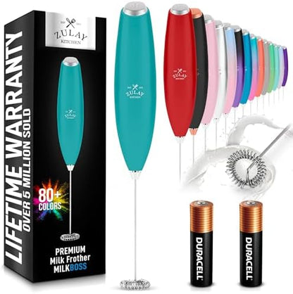 Zulay Kitchen Handheld Milk Frother with Duracell AA Batteries – Ultra Fast Electric Mixer & Foam Maker, Easy-Clean Drink Mixer for Coffee & More - Caribbean Aqua 2B
