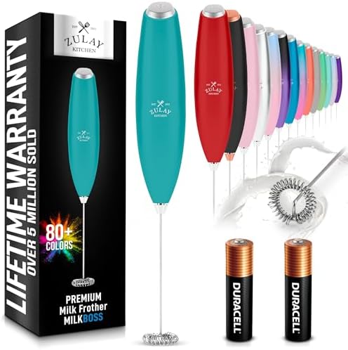 Zulay Kitchen Handheld Milk Frother with Duracell AA Batteries – Ultra Fast Electric Mixer & Foam Maker, Easy-Clean Drink Mixer for Coffee & More - Caribbean Aqua 2B