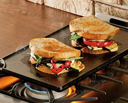 Lodge Reversible Cast Iron Grill/Griddle – 9.5 x 16.75 Inch Pre-Seasoned Cooking Surface – Flat & Ribbed Sides – Use on Stove, Grill, or Campfire – Made in the USA – Heavy-Duty, Black