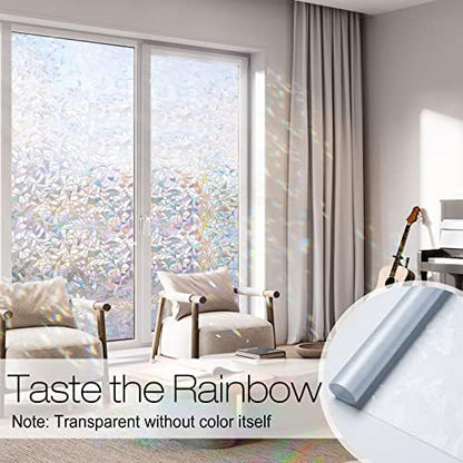rabbitgoo Window Privacy Film Rainbow Film Decorative Window Sticker, 3D Static Stained Glass Cling Tint for Home Heat Control Non-Adhesive, 23.6 x 78.7 inches