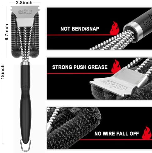GRILLART Grill Brush and Scraper, Extra Strong BBQ Cleaner Accessories, Safe Wire Bristles Barbecue Triple Scrubbers Cleaning Brush for Gas/Charcoal Grilling Grates, Wizard Tool BR-8115