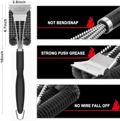 GRILLART Grill Brush and Scraper, Extra Strong BBQ Cleaner Accessories, Safe Wire Bristles Barbecue Triple Scrubbers Cleaning Brush for Gas/Charcoal Grilling Grates, Wizard Tool BR-8115