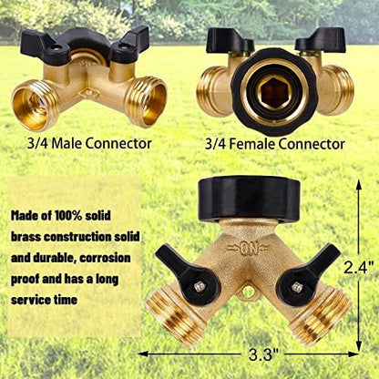 Biswing 2 Pack Garden Hose Splitter 2 Way, Heavy Duty Brass Connector Tap Splitter, Y Splitter 2 Valves with 4 Extra Rubber Washers