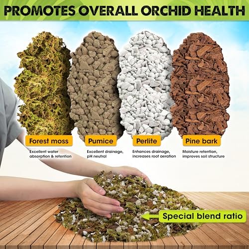 [Upgraded] DUSPRO Orchid Potting Mix for Repotting with Forest Moss, Pine Bark, Perlite & Pumice Natural Ingredients, Orchid Bark Potting Mix, Orchid Repotting Kit Drainage Indoor Potting Medium 2QT