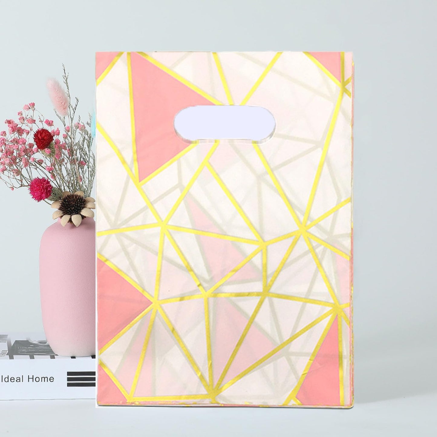 Joyhey 100 Count 11.7" x 15.7" Plastic Merchandise Bags, Shopping Retail Boutique Bags with Die Cut Handles - White Geometry