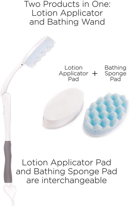 Juvo BWLA01 Premium All-in-One Wand Applicator, 23" Long Reach Handle, Adjustable, Includes Bath Sponge and Lotion Pad, 1 Count, White