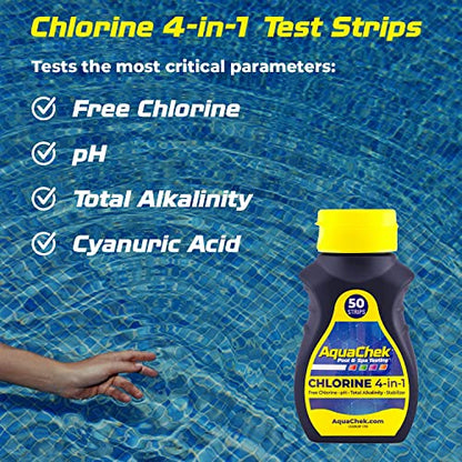AquaChek Yellow 4-Way Test Strips for Pool & Spa – 50 Count – Lab Verified Accuracy for pH, Chlorine, Alkalinity & Cyanuric Acid – Fast Results – Made in USA - (2-Pack)
