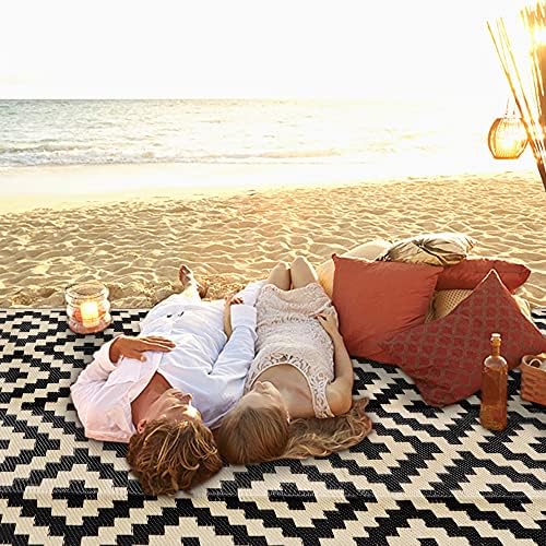 SAND MINE Waterproof Outdoor Rug 5x8 ft, Plastic Reversible Rug, Modern Area Rug, Large Floor Mat for Outdoors, RV, Patio, Backyard, Deck, Picnic, Beach, Camping, Black & Beige