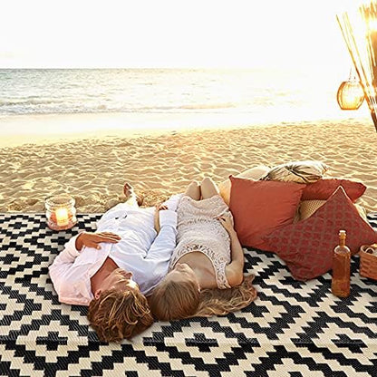 SAND MINE Waterproof Outdoor Rug 5x8 ft, Plastic Reversible Rug, Modern Area Rug, Large Floor Mat for Outdoors, RV, Patio, Backyard, Deck, Picnic, Beach, Camping, Black & Beige