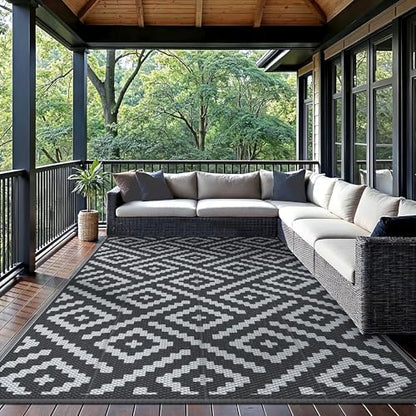 GENIMO Outdoor Rug for Patio Clearance,5'x8' Waterproof Mat,Reversible Plastic Camping Rugs,Rv,Porch,Deck,Camper,Balcony,Backyard,Black & Gray
