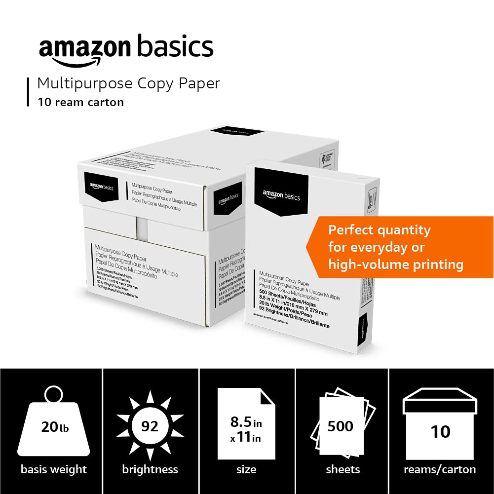 Amazon Basics Multipurpose Copy Printer Paper, 20 lb, 8.5 x 11 Inches, 10 Reams (5,000 Sheets), 92 Bright, White