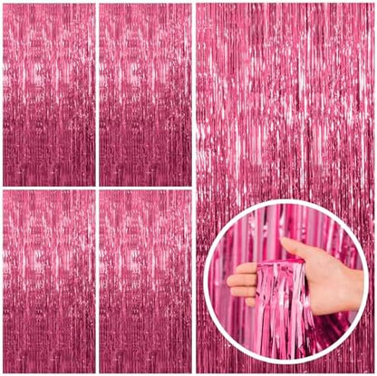 5 Pack Pink Tinsel Curtain Party Backdrop Foil Fringe Birthday Photo Booth Streamer Backdrop Theme Decorations