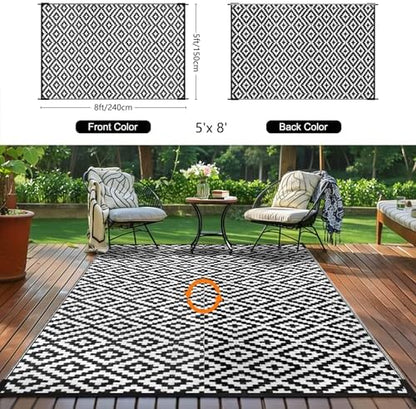 Outdoor Patio Plastic Straw Rug - 5x8 ft Outdoor Camping Rug Waterproof Reversible, Area Carpet Patios Clearance RV, Outside Porch Balcony Deck for Camper, Black & White