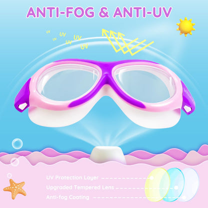 MOMUSE Kids Swim Goggles 8-16 with Wider Gasket, Pool Goggles Anti-Fog & Wide View & No Leak, Swimming Goggles for Girls (Purple)