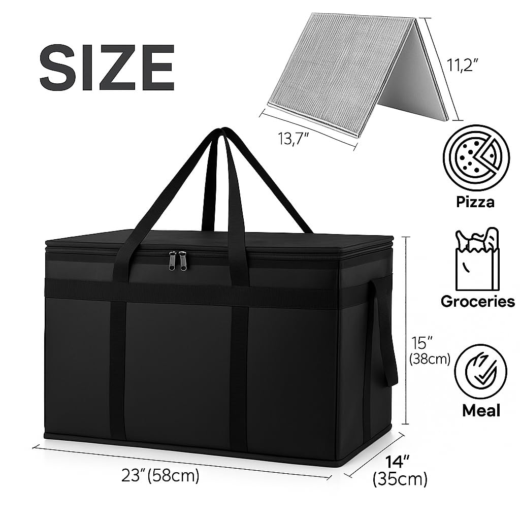 Bodaon Insulated Food Delivery Bag With Hard Bottom, XXXL Pizza Cooler Bags, Grocery Shopping and Catering Thermal Cold/Hot Styrofoam Carrier for Doordash/Travel/Car, Dashers Door Dash Accessories
