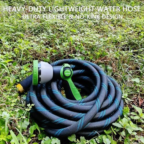 Garden Hose 50FT, NON-EXPANDABLE Heavy-Duty Flexible & Lightweight Water Hose with 10-Function Nozzle, No-Kink, Leak-Proof, Solid Fittings for Car, RV Marine Camper, Outdoor, Yard, Lawn