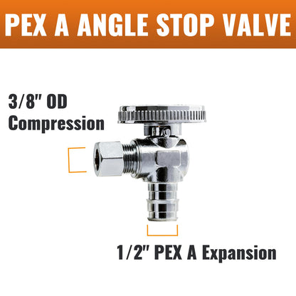 SUNGATOR 6-Pack Pex A Angle Stop Valve, 1/2" Pex A Expansion x 3/8" OD Compression, 1/4 Turn Chrome Plated Brass Shut Off Valve