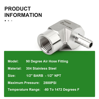 TAISHER 1PCS 304 Stainless Steel 90 Degree Elbow Hose Barb Fittings 1/2" Barb x 1/2" NPT Female for Fuel/AIR/Lquid/Gas with 1PCS Hose Clamp