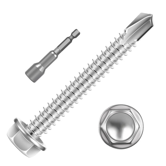 #12 x 2 (100 PCS) Sheet Metal Screws, Hex Washer Head Self Drilling Screw, 410 Stainless Steel Flanged Fast Self Tapping Screws, Hex Bit Socket Included