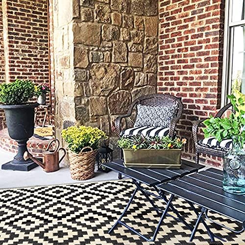 SAND MINE Waterproof Outdoor Rug 5x8 ft, Plastic Reversible Rug, Modern Area Rug, Large Floor Mat for Outdoors, RV, Patio, Backyard, Deck, Picnic, Beach, Camping, Black & Beige