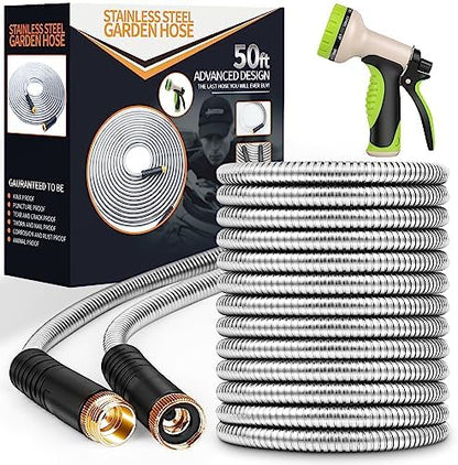 Garden Hose 50 ft, Stainless Steel Water Hose with 10 Function Nozzle Flexible, Heavy Duty, Lightweight, No-Kink, Pet Proof, Puncture Proof Hose Metal for Yard, Outdoor