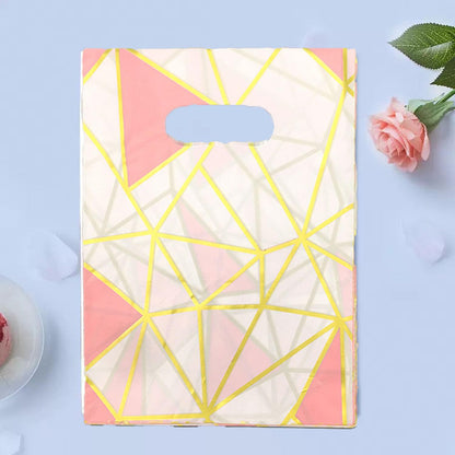 Joyhey 100 Count 11.7" x 15.7" Plastic Merchandise Bags, Shopping Retail Boutique Bags with Die Cut Handles - White Geometry