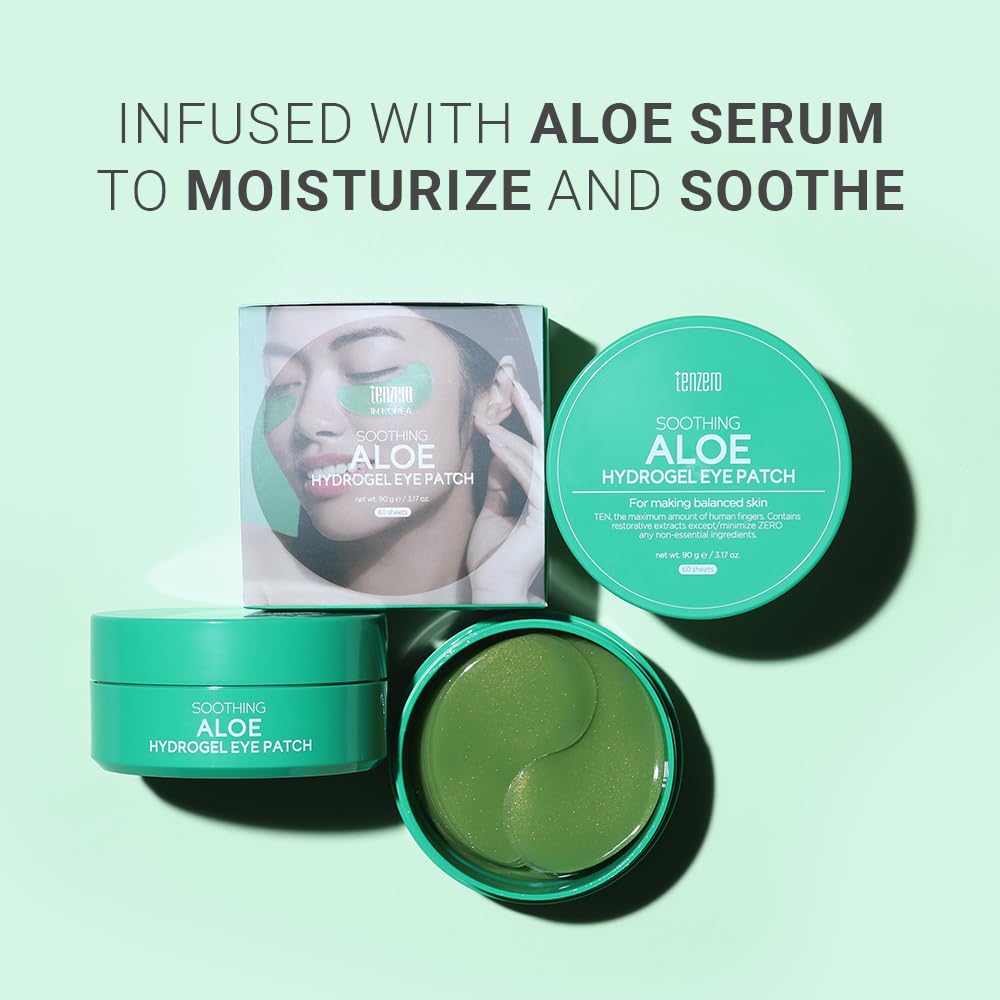 tenzero Soothing Aloe Hydrogel Eye Patch (60 pairs, 90g), Aloe Vera Treatments for Puffy Eye, Fine Lines, Soothing, Eye Puffiness Reducer, Hydrating Eye Pads, Korean Under Eye Masks Skincare