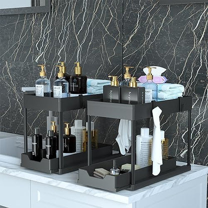 Under Sink Organizer 2 Pack, Bathroom Cabinet Organizer, 2 Tier Sliding Cabinet Basket Organizer Drawer, Multi-Purpose Bath Collection Baskets for Bathroom (Black)