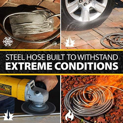 BIONIC STEEL 100 Ft Metal Garden Hose with Sprayer Nozzle, Non Kinking Designed Stainless Steel Heavy Duty Water Hose 100 Ft x 5/8 in. Flexible NON Expandable for Uninterrupted Water Flow, 500 PSI