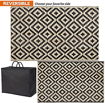SAND MINE Waterproof Outdoor Rug 5x8 ft, Plastic Reversible Rug, Modern Area Rug, Large Floor Mat for Outdoors, RV, Patio, Backyard, Deck, Picnic, Beach, Camping, Black & Beige