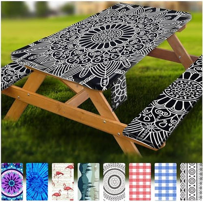 Fitted Picnic Table Cover with Bench Covers Vinyl Waterproof Elastic Edges Fitted Rectangle Tables Patio Tablecloth Camping Gear and Essentials Rv Accessories Road Trip Supplies Car Travel Must Haves