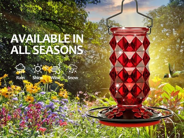 Glass Hummingbird Feeders for Outdoors Hanging, 25Oz Bird Nectar Feeder with Perch & 5 Flower Feeding Ports Leak Proof Hanging for Garden Backyard Decor, Gifts for Women Mom, Red