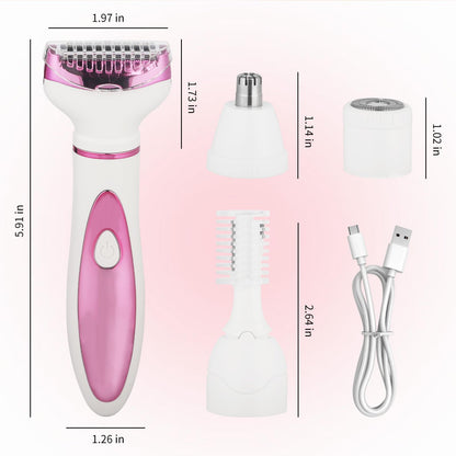 Beanify Electric Razor for Women Men,4 in 1 Painless Ladies Wet & Dry Body Razors and Facial Hair Remover,Rechargeable Led Display Hair Removal Kit for Nose Face Body Leg Bikini Arm Hair (Pink)