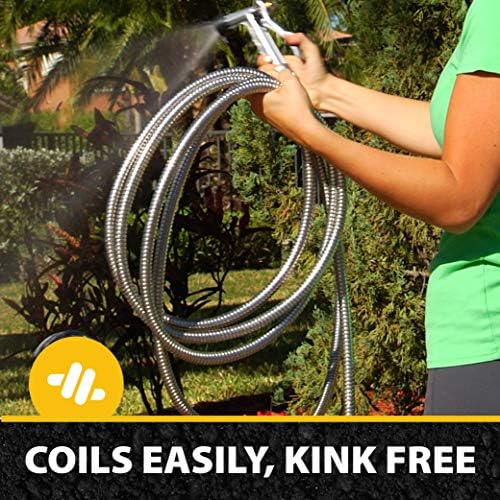 BIONIC STEEL 100 Ft Metal Garden Hose with Sprayer Nozzle, Non Kinking Designed Stainless Steel Heavy Duty Water Hose 100 Ft x 5/8 in. Flexible NON Expandable for Uninterrupted Water Flow, 500 PSI