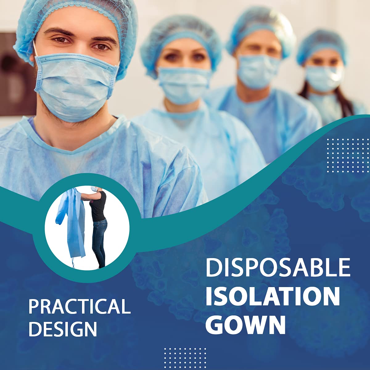 MEDICAL NATION 120 Pack Disposable Isolation Gowns - Blue Level 2 SMS 40gsm Non-Woven Material - PPE Gowns Disposable for Dental, Medical Use, Fluid-Resistant and Latex-Free Gowns, Universal Size