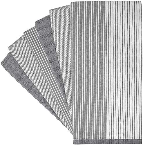 Premium Kitchen Towels (20”x 28”, 6 Pack) | Large Cotton Kitchen Hand Towel | Flat & Terry Dish Cloths | Highly Absorbent Tea Towels Set with Hanging Loop | Gray