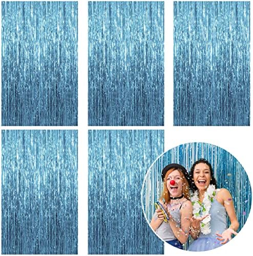 5 Pack Foil Curtain Backdrop Blue Metallic Tinsel Foil Fringe Curtains Photo Booth Props for Birthday Wedding Engagement Baby Shower Bachelorette Christmas Holiday Celebration Party Decorations