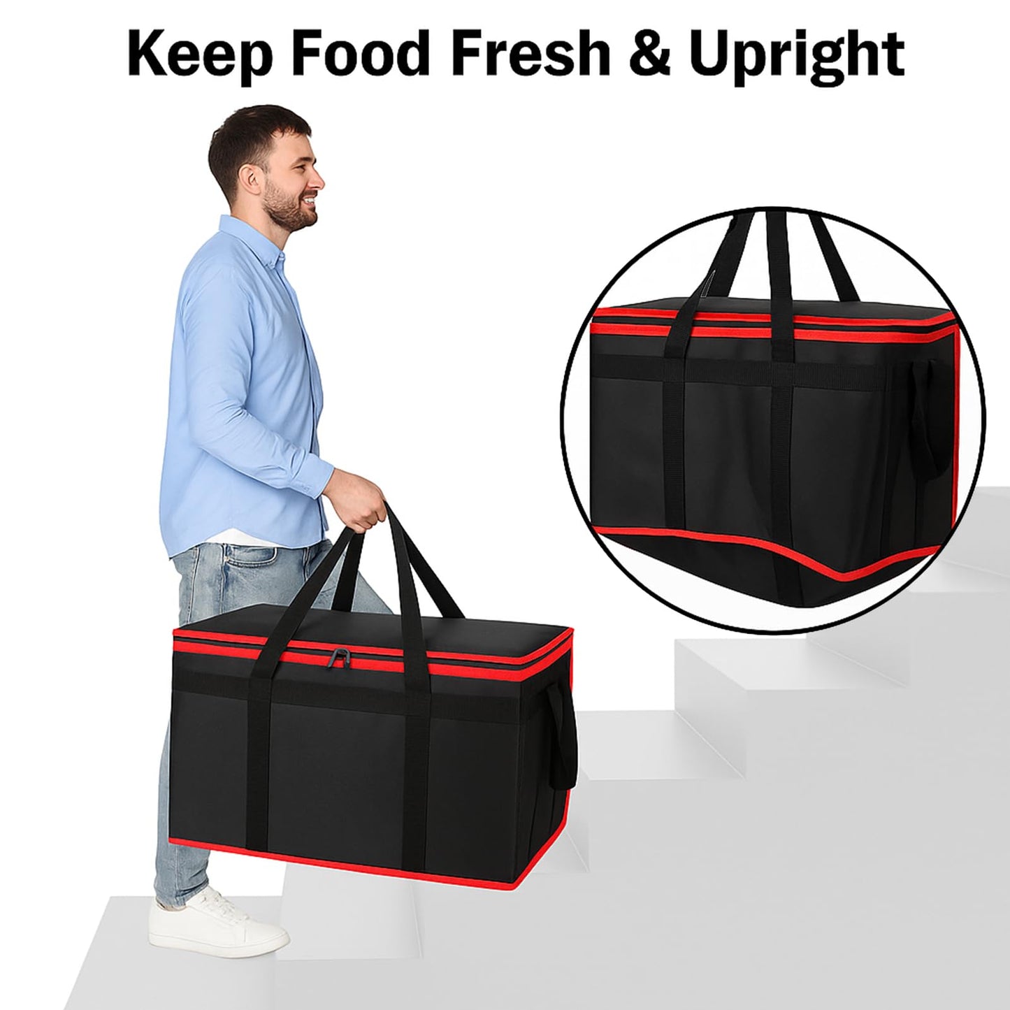Bodaon Insulated Food Delivery Bag With Hard Bottom, XXXL Pizza Cooler Bags, Grocery Shopping and Catering Thermal Cold/Hot Styrofoam Carrier for Travel/Doordash/Car, Dashers Door Dash Accessories