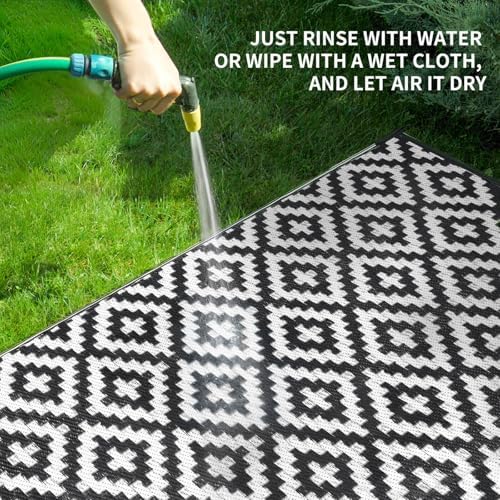 Outdoor Patio Plastic Straw Rug - 5x8 ft Outdoor Camping Rug Waterproof Reversible, Area Carpet Patios Clearance RV, Outside Porch Balcony Deck for Camper, Black & White